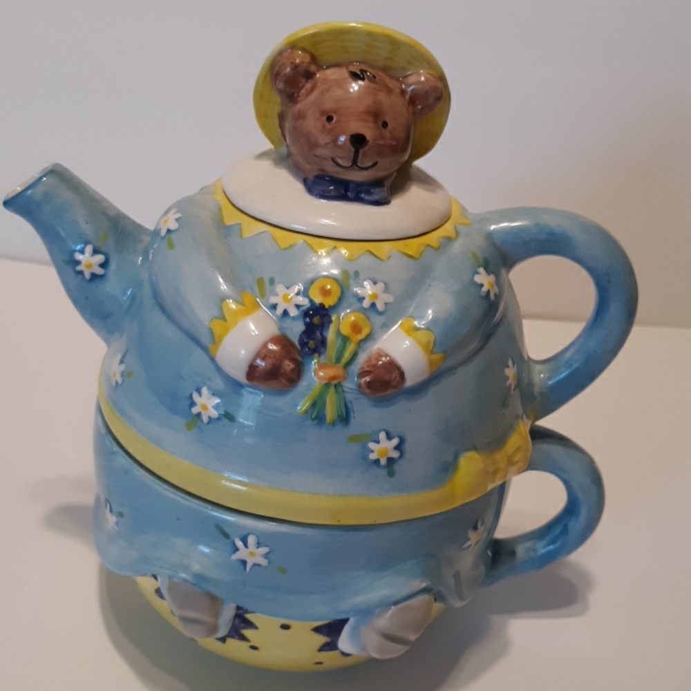 Teddy bear girl tea for one stacking teapot&cup - Picture 5 of 6